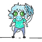 anthro blue_body blue_hair chibi female front_view green_eyes hair looking_at_viewer simple_background solo white_background faustanon cavemanon_studios kubrick_stare snoot_game fooly_cooly_(snoot_game) dinosaur prehistoric_species reptile scalie sketch