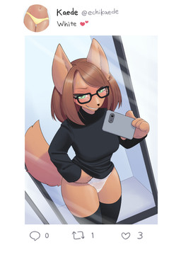 anthro big_breasts blush breasts cellphone clothed clothing electronics eyewear female female_anthro fur glasses grin hair holding_object holding_phone kemono legwear looking_at_viewer mirror mirror_reflection mirror_selfie panties pantsless phone reflection selfie smartphone smile smug solo teeth thigh_highs underwear wearing_glasses white_clothing white_panties white_underwear unousaya canid canine canis domestic_dog mammal 2023 digital_media_(artwork)