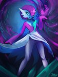 anthro blue_eyes casting_spell clothed clothing crystal detailed_background female fire looking_at_viewer magic magic_user open_mouth painterly purple_body solo double_slime nintendo pokemon fan_character gardevoir generation_3_pokemon humanoid mammal pokemon_(species) 3:4 absurd_res digital_media_(artwork) hi_res