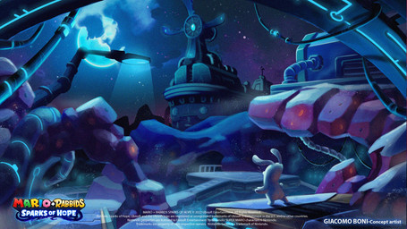 ambiguous_anthro ambiguous_gender anthro blue_moon blue_sky bridge cloud copyright_symbol fur gateway light long_ears machine moon night nude_ambiguous nude_anthro outside platform railing sky snow solo standing star starry_sky sun symbol text title white_body white_fur windmill year giacomo_boni mario_plus_rabbids_sparks_of_hope nintendo raving_rabbids rayman_(series) ubisoft lagomorph mammal rabbid 2023 adobe_photoshop_(artwork) artist_name colored digital_drawing_(artwork) digital_media_(artwork) english_description english_text hi_res lighting official_art procreate_(artwork) shaded