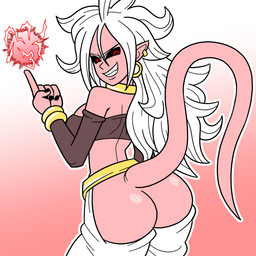 arm_warmers armwear black_nails black_sclera butt clothing colored_nails ear_piercing female gold_(metal) gold_jewelry gradient_background grin hair humanoid_pointy_ears jewelry long_hair looking_at_viewer looking_back nails neck_ring not_furry piercing pink_background pink_body pink_skin pink_tail pointy_ears red_eyes sharp_teeth simple_background smile solo tail teeth white_background white_hair shameful-display dragon_ball dragon_ball_fighterz android_21 majin_android_21 alien alien_humanoid humanoid majin 1:1 2018 digital_media_(artwork)