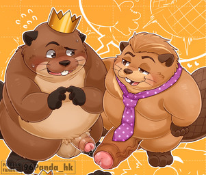 accessory anthro balls belly big_penis blush brown_body crown erection genitals headgear kemono male male/male moobs necktie overweight overweight_male penis penis_size_difference small_penis standing 96panda disney hoppers_(disney) pixar jerry_generazzo king_george_(hoppers) beaver mammal rodent 2026 hi_res