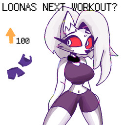 anthro big_breasts biped bodily_fluids bra breasts choker clothing eyelashes female hair huge_breasts jewelry long_eyelashes looking_aside navel necklace nervous nervous_sweat red_sclera simple_background small_waist solo sports_bra sweat underwear white_hair wide_hips ok-pace-9424 hellaverse helluva_boss mythology loona_(helluva_boss) canid canid_demon canine demon hellhound mammal mythological_canine mythological_creature 1:1 2025 absurd_res digital_media_(artwork) hi_res pixel_(artwork)