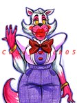 4_fingers anthro arms_bent black_eyebrows black_nose blue_border border bottomwear bow_tie bracelet breasts button_(fastener) cheek_spots cheek_tuft claws closed_smile clothed clothed_anthro clothed_female clothing dipstick_tail eyebrows facial_tuft fangs female female_anthro finger_claws fingers fully_clothed fully_clothed_anthro fully_clothed_female fur gold_(metal) gold_bracelet gold_jewelry hair jewelry light lips markings mouth_closed pants pink_body pink_fur pink_inner_ear pink_tail_tip pockets purple_bottomwear purple_clothing purple_pants purple_shirt purple_topwear purple_vest red_bow_tie red_claws red_lips shirt simple_background slicked_back_hair smile solo tail tail_markings teeth text thick_lips thick_thighs topwear tuft two_tone_tail vest whisker_spots whiskers white_background white_body white_fur white_hair white_tail yellow_eyes cageyshick05_(artist) five_nights_at_freddy's five_nights_at_freddy's_2 scottgames mama_mangle mangle_(fnaf) canid canine fox mammal 2015 artist_name colored colored_pencil_(artwork) english_description lighting shaded traditional_media_(artwork)