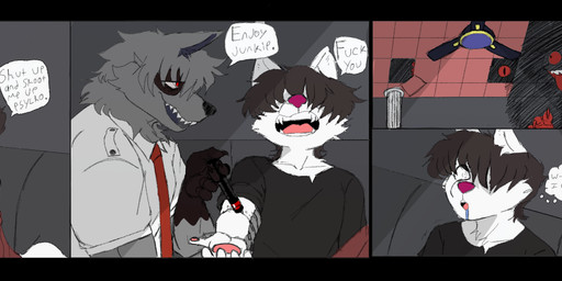 anthro bad_trip bangs black_clothing black_shirt black_topwear bodily_fluids brown_hair clothed clothing collared_shirt dialogue drooling drug_usage drugs duo eye_through_hair eyebrow_through_hair eyebrows first_person_view fully_clothed fur grey_body grey_fur grey_hair hair hallucination injection male male_anthro necktie paralysis pink_nose red_eyes red_necktie saliva shirt solo speech_bubble syringe teeth text topwear translucent translucent_hair unconscious white_body white_clothing white_collared_shirt white_fur white_shirt white_topwear butcher_pal adam_manchester canid canine canis hybrid mammal procyonid raccoon wolf 2024 absurd_res colored comic digital_drawing_(artwork) digital_media_(artwork) english_text hi_res long_image wide_image