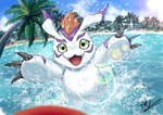 ambiguous_gender antennae_(anatomy) anthro beach black_claws claws detailed_background feral green_eyes hair looking_at_viewer outside palm_tree plant playing red_hair sea seascape seaside sky solo swimming tree water 9b3xmkddvuq9qco bandai_namco digimon digimon_(species) gomamon absurd_res digital_media_(artwork) hi_res