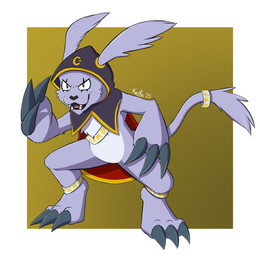 ambiguous_gender bands cape claws cloak clothing eye_markings feral fur glaring gradient_background grey_body grey_fur hood markings sash simple_background smile solo tail teeth kerilyn bandai_namco digimon digimon_(species) gazimon 2025 hi_res