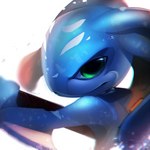 1:1 anthro blue_arms blue_body blue_head close-up digital_media_(artwork) droplets fin fizz_(lol) green_eyes head_tentacle hi_res holding_object holding_weapon kanel league_of_legends looking_at_viewer male male_anthro marine markings riot_games short short_anthro short_male simple_background smile solo water weapon white_background yordle