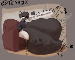 afterimage ambiguous_gender ambiguous_prey anthro anthro_pred arrow_pointing_to_belly asking asking_viewer belly belly_on_ground belly_slap big_belly biped black_belly black_body black_clothing black_collar black_countershading black_drawstring black_ears black_eyelids black_face black_feet black_fur black_hair black_hands black_hoodie black_nose black_text black_topwear bloated blush bodily_noises bone bone_breaking bone_imprints bones_in_stomach bottomless bottomless_anthro bottomless_male calling_for_help cheek_tuft churn clothed clothing collar collar_tag compression_sound_effect contextual_arrow countershade_belly countershade_face countershading crunch crushing_sound_effect death death_count dialogue digestion digestion_noises directional_arrow drawstring drawstring_hoodie drawstring_topwear dripping ears_up facial_tuft fatal_vore feet fully_inside fur furniture grey_text hair half-closed_eyes hand_on_belly hand_on_own_belly hood_down hoodie huge_belly hyper hyper_belly iconography imminent_death inside leg_markings lidded_eyes light long_sleeves looking_at_viewer looking_down looking_down_at_viewer low-angle_view male male_anthro male_pred markings monotone_belly monotone_clothing monotone_hair monotone_hoodie monotone_topwear motion_lines multicolored_body multicolored_fur multiple_prey narrowed_eyes navel on_sofa onomatopoeia open_mouth pain path_lines pointy_ears prey_count prick_ears pupils question reverse_countershading rumbling_stomach same_size_vore short_hair shortened_sound_effect sitting sitting_on_sofa skull skull_imprint skull_symbol slap slapping_own_belly slapping_self slit_pupils socks_(marking) sofa soft_vore solo sound_effect_variant sound_effects speech_bubble struggling struggling_prey talking_to_viewer text thick_thighs three-quarter_view topwear tuft twitter_handle two_tone_body two_tone_fur unseen_prey unwilling_prey vore vore_invitation vowelless vowelless_sound_effect white_body white_face white_fur white_inner_ear white_legs white_tuft wide_hips tcsrjx domestic_cat felid feline felis mammal 2025 5:4 character_request digital_media_(artwork) digital_painting_(artwork) english_description english_text full-length_portrait hi_res lighting painting_(artwork) portrait shaded signature soft_shading