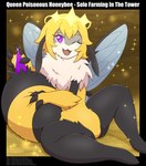 4_fingers anthro black_body black_fur blonde_hair claws cute_fangs fangs featureless_crotch female fingers fur hair looking_at_viewer open_mouth pawpads puffy_chest purple_eyes simple_background solo spread_legs spreading teeth text thick_thighs white_body white_fur wings yellow_body yellow_fur vavacung solo_farming_in_the_tower queen_poisonous_honeybee_(solo_farming_in_the_tower) arthropod bee hymenopteran insect poison_honeybee_(solo_farming_in_the_tower) queen_bee 2023 english_text hi_res