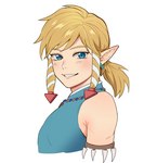 blonde_hair blue_eyes hair humanoid_pointy_ears light_body light_skin looking_at_viewer male not_furry ponytail simple_background smile solo foxvulpine nintendo the_legend_of_zelda link elf humanoid hylian