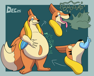 ambiguous_gender belly burping digestion digestion_noises duo fur gesture hand_gesture larger_pred orange_body orange_fur size_difference swallowing thumbs_up vore december_dreams nintendo pokemon floatzel generation_4_pokemon pokemon_(species) absurd_res hi_res