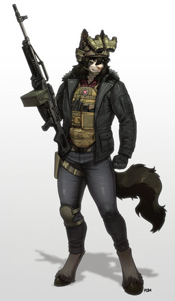 anthro biped bottomwear clothed clothed_anthro clothed_male clothing fingers fully_clothed fully_clothed_anthro fully_clothed_male fur gloves gun hair handwear holding_object holding_ranged_weapon holding_weapon hooves looking_at_viewer male medium_machine_gun piercing ranged_weapon simple_background smile solo tail topwear weapon pgm300 canid canine equid equine hybrid mammal 2026 absurd_res digital_drawing_(artwork) digital_media_(artwork) hi_res