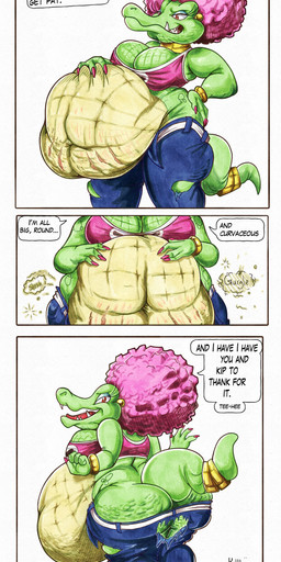afro after_vore anthro belly big_belly big_butt bottomwear breasts butt clothing denim denim_bottomwear denim_clothing female green_body jeans overweight pants purple_clothing purple_shirt purple_topwear shirt simple_background solo speech_bubble text topwear vore white_background killboo donkey_kong_(series) nintendo kalypso kremling scalie 2025 absurd_res comic english_text hi_res