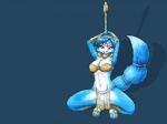 anthro blue_body blue_fur blue_hair bottomwear clothed clothing crouching female fur genitals green_eyes hair loincloth looking_at_viewer melee_weapon polearm pussy skimpy solo tail tattoo tongue weapon white_body white_fur vani-fox nintendo star_fox krystal_(star_fox) canid canine fox mammal 4:3 wallpaper