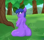 accessory anthro areola blue_hair blush bow_(feature) bow_accessory bow_ribbon breasts centered_hair_bow female freckles fur hair hair_accessory hair_bow hair_ribbon looking_at_viewer looking_back nature nature_background nervous nipples outside plant purple_body ribbons sitting smile solo tree petrovolt hasbro my_little_pony fan_character equid equine horse mammal pony 2022 digital_media_(artwork) hi_res