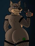 anthro big_butt butt cigarette cigarette_in_mouth clothed clothing crossdressing curvy_figure fishnet_clothing fishnet_legwear gun handgun legwear looking_at_viewer male nude object_in_mouth ranged_weapon revolver solo weapon tbfm blacksad desmond_o'leary canid canine canis mammal wolf hi_res