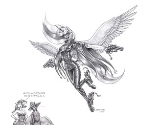 anthro big_breasts bracelet breasts cleavage clothed clothing cosplay crown dialogue ellipsis eyewear feathers female flying glasses group gun hair hand_on_hip hat headgear headwear holding_gun holding_object holding_ranged_weapon holding_weapon hooves horn jewelry leather leather_clothing levitation looking_at_viewer mane midair open_mouth ranged_weapon spread_wings teeth text tiara tongue trio unicorn_horn weapon wings wizard_hat baron_engel bayonetta friendship_is_magic hasbro my_little_pony mythology platinumgames bayonetta_(character) princess_luna_(mlp) rarity_(mlp) twilight_sparkle_(mlp) wonder_woman equid equine mammal mythological_creature mythological_equine unicorn winged_unicorn 2026 english_text greyscale hi_res monochrome signature