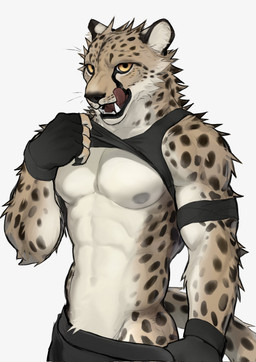 abs anthro armband bottomwear clothed clothing fingerless_gloves fur gloves handwear licking licking_lips looking_at_viewer male muscular muscular_anthro muscular_male nipples open_mouth pecs raised_clothing raised_shirt raised_tank_top raised_topwear shirt simple_background solo spots tail tan_body tan_fur tank_top teeth tongue tongue_out topwear tuft whiskers white_background white_body white_fur yellow_eyes kojiray jasiri cheetah felid feline mammal 2026 half-length_portrait hi_res portrait