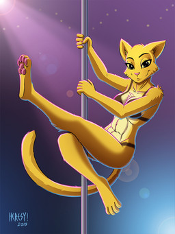4_toes anthro barefoot black_eyes bodypaint breasts claws clothing convenient_censorship dancing exposure_variation feet female fur lens_flare looking_at_viewer navel nude painted_clothing pawpads pink_nose pink_pawpads pole pole_dancing soles solo stripper stripper_pole toes undressing yellow_body yellow_fur yellow_sclera heresy_(artist) microsoft prequel_adventure the_elder_scrolls katia_managan felid khajiit mammal 2019 3:4 digital_media_(artwork) full-length_portrait hi_res portrait shaded