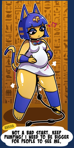 air_inflation anthro belly big_belly blue_hair blue_tail blush breasts clothing dress eyeshadow female fur hair hose hose_in_butt hose_inflation inflation lidded_eyes looking_down looking_down_at_self makeup markings noseless outline solo standing striped_markings striped_tail stripes tail tail_markings talking_to_viewer text white_clothing white_dress white_outline yellow_body yellow_fur yellow_tail browser124 animal_crossing nintendo ankha_(animal_crossing) domestic_cat felid feline felis mammal 2025 absurd_res alpha_channel digital_media_(artwork) english_text hi_res