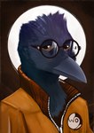 anthro beak black_body black_feathers brown_eyes clothing eyewear feathers glasses looking_at_viewer male orange_clothing simple_background solo zeptophidia disco_elysium kim_kitsuragi avian bird corvid corvus_(genus) oscine passerine raven digital_media_(artwork) digital_painting_(artwork) hi_res painting_(artwork)