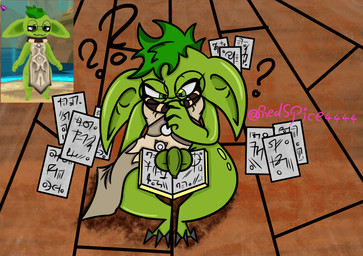 balls book casual_exposure eyewear foreskin genitals glasses green_body green_hair hair long_ears male penis reading scarf sitting solo redspice atlyss goblin imp_(atlyss) absurd_res hi_res