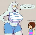 2018 anthro big_breasts blood blush bodily_fluids boss_monster_(undertale) bottomwear bovid breasts caprine clothing dialogue duo english_text female frisk_(undertale) horn human latchk3y long_ears male mammal mature_anthro mature_female navel nosebleed shirt shorts sweat sweatdrop text tight_clothing topwear toriel undertale undertale_(series)