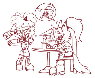 anthro bodily_fluids boots burger chair clothing container cup disposable_cup drooling duo female food footwear furniture gloves hair handwear horn humor pastry pie pie_in_face ponytail sad saliva shoes sitting table tears alotaart idw_publishing sega sonic_the_hedgehog_(comics) sonic_the_hedgehog_(idw) sonic_the_hedgehog_(series) lanolin_the_sheep_(sonic) whisper_the_wolf bovid canid canine canis caprine mammal sheep wolf hi_res sketch