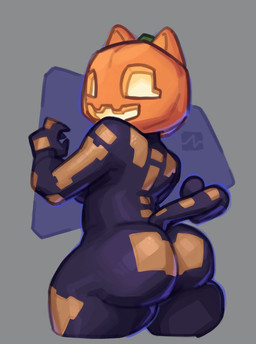anthro big_butt black_bodysuit black_clothing black_skinsuit bodysuit breasts butt clothing female food for_a_head fruit grey_background jack-o'-lantern looking_at_viewer looking_back looking_back_at_viewer plant pumpkin purple_background rear_view simple_background skeleton_costume skinsuit solo thick_thighs tight_clothing wide_hips pulseblock spice_(fortnite) domestic_cat felid feline felis mammal object_head