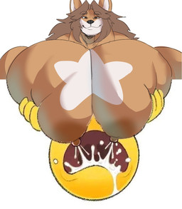 anthro big_muscles big_pecs bodily_fluids breastfeeding double_breastfeeding duo lactating male male_lactation muscular nipples pec_squeeze pecs projectile_lactation sharkellion star_the_shiba_inu canid canine canis domestic_dog living_emoji mammal shiba_inu spitz 2025 hi_res meme