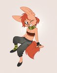 anthro breasts female female_anthro fur grin hair looking_at_viewer midriff navel one_eye_closed simple_background sitting smile solo tan_body tan_fur wink winking_at_viewer rexyseven rusty_gears canid canine fennec_fox fox mammal true_fox 2024 digital_drawing_(artwork) digital_media_(artwork) hi_res