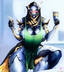 apron apron_only big_breasts blush breasts cleavage clothed clothing female green_eyes hood huge_hips huge_thighs machine nipple_slip nipples solo thick_thighs wide_hips awrrrq digital_extremes i_mean_breast_milk tencent warframe wisp_(warframe) android humanoid robot meme