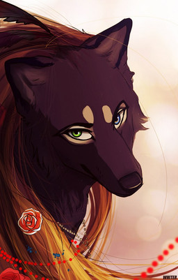 ambiguous_gender blonde_hair blue_eyes cheek_tuft dark_body dark_fur facial_tuft feral fur green_eyes hair head_tuft heterochromia long_hair looking_at_viewer mouth_closed red_body red_fur simple_background solo text tuft unknowhiter canid canine canis mammal wolf 2015 artist_name bust_portrait portrait