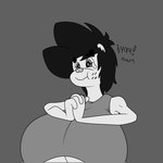 anthro big_breasts black_hair bodily_fluids breasts clothing crying female hair huge_breasts hyper hyper_breasts shirt smile solo tears tears_of_joy text topwear kuge piku_(kuge) caviid guinea_pig mammal rodent 1:1 hi_res monochrome