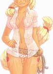2013 alternate_form anthro anthrofied applejack_(mlp) belt biped blonde_hair breasts clothed clothing conditional_dnp cutie_mark digital_media_(artwork) earth_pony equid equine female fingers freckles friendship_is_magic hair hand_on_hip happy hasbro hi_res holding_object horse humanoid_hands mammal medium_breasts my_little_pony navel nipples open_clothing open_shirt open_topwear panties pony portrait pose rope shirt simple_background slim small_waist smile solo thigh_gap topwear torso_shot translucent translucent_clothing underwear wet wet_clothing wet_shirt wet_topwear whisperingfornothing white_background