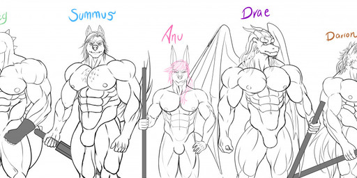 abs anthro artist_humanity_is_doomed barazoku biceps clothing deltoids featureless_crotch fingerless_gloves gloves group handwear horn male muscular muscular_male nipples nude nude_male pecs wings egyptian_mythology middle_eastern_mythology mythology anubis deity dragon humanoid mythological_creature mythological_scalie scalie sketch
