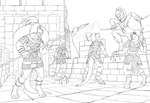 anthro armor battle dagger female grappling_hook great_wall_of_china group invasion male melee_weapon military mountain polearm soldier spear surprise_attack surprised_expression sword warrior weapon dipingxiangtr.d avian bird lizard reptile scalie monochrome