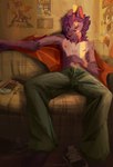 anthro biped bottomwear brown_eyes clothing fur furniture green_bottomwear green_clothing green_pants looking_at_viewer male nipples on_sofa pants pants_only pink_nipples purple_body purple_fur shirtless_anthro shirtless_male sitting sitting_on_sofa slim_anthro slim_male sofa solo nkotova99 nintendo nintendo_switch canid canine fox mammal 2024 digital_media_(artwork) digital_painting_(artwork) hi_res