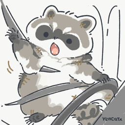 biped black_eyes black_nose car chibi dot_eyes driving feral grey_body inside_car inside_vehicle navel simple_eyes sitting solo vehicle white_body x_navel yencatx mammal procyonid raccoon 1:1 2021