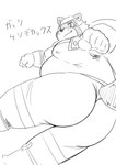 anthro belly big_belly big_butt butt cape clothing cute_fangs fangs kemono male moobs overweight overweight_male simple_background skinsuit solo teeth text tight_clothing visor white_background bear_2key canid canine mammal raccoon_dog tanuki 2024 absurd_res hi_res japanese_text monochrome