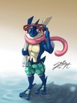 anthro bottomwear clothing eyewear eyewear_on_head glasses male shorts solo sunglasses sunglasses_on_head swimming swimming_trunks swimwear tongue towel towel_on_shoulder turquoise_swimming_trunks walking water wet wet_body sagadreams nintendo pokemon amphibian generation_6_pokemon greninja pokemon_(species) hi_res