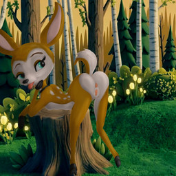anthro anus ass_up brown_body butt collar female forest genitals green_eyes looking_back markings multicolored_body neck_markings nude nude_anthro nude_female plant presenting presenting_hindquarters raised_tail raising_butt solo tail tongue tongue_out tree two_tone_body vulva juan_alfonso_(artist) mating_season_(series) fawn_(mating_season) deer mammal 1:1 hi_res