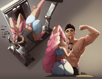 anthro big_butt bodily_fluids breasts butt butt_grab cellphone clothed clothing dialogue electronics exercise female hand_on_butt holding_cellphone holding_object holding_phone human_on_anthro interspecies male male/female muscular muscular_male nipples phone sweat tongue tongue_out topless aleidom nintendo pokemon generation_4_pokemon human lopunny mammal pokemon_(species) shiny_pokemon hi_res