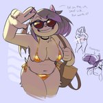 anthro antlers bikini breasts butt cleavage clothed clothing dialogue ear_piercing eyewear fangs female gold_bikini horn navel piercing purse_over_shoulder smile solo sunglasses swimwear tail teeth two-piece_swimsuit wings blueregardtwo elaine_(blueregardtwo) tasha_(blueregardtwo) bat deer mammal hi_res