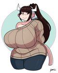 anthro big_breasts breasts clothing female hair horn huge_breasts smile solo jwinkz violet_(jwinkz) bovid bovine cattle mammal hi_res