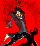 action_pose anthro black_body blood bodily_fluids bottomwear clothed clothing denim denim_bottomwear denim_clothing duo fur glowing glowing_eyes hair hammer insane jeans killing male motion_trail pants pose red_background simple_background tools violence weapon_trail yellow_eyes kimero_kat cadaver_(skulldog) canid canine canis demon human mammal skulldog_(species) wolf hi_res