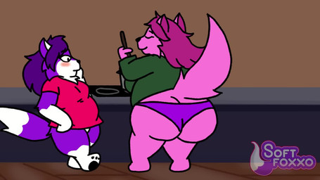 anthro big_breasts big_butt black_pawpads blush breasts butt clothing dipstick_tail duo eyes_closed female fur gloves_(marking) green_clothing green_shirt green_topwear hair hip_sway huge_breasts huge_butt leg_markings long_hair long_sleeve_shirt looking_at_butt looking_down markings obese obese_anthro obese_female overweight overweight_anthro overweight_female panties pawpads pink_body pink_fur pink_hair purple_body purple_clothing purple_fur purple_hair purple_panties purple_underwear raised_tail red_clothing red_shirt red_topwear shirt smile socks_(marking) tail tail_markings tail_motion tailwag text topwear underwear white_body white_fur softfoxxo canid canine fox mammal 16:9 2d_animation animated artist_name english_text no_sound short_playtime url video widescreen