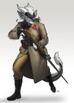 anthro barbel_(anatomy) bayonet black_body black_fur boots bottomwear clothing eyebrows eyelashes fingerless_gloves flesh_whiskers footwear fur gloves grey_body grey_fur gun handwear horn inner_ear_fluff knife male mosin-nagant pants plantigrade ranged_weapon rifle shoes solo tail tuft weapon white_body white_fur pgm300 asian_mythology east_asian_mythology mythology siepnir dragon eastern_dragon furred_dragon furred_scalie mythological_creature mythological_scalie scalie absurd_res digital_media_(artwork) hi_res shaded