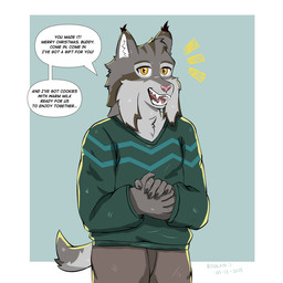 anthro black_claws black_ear_tips bottomwear brown_body brown_bottomwear brown_clothing brown_fur brown_pants cheek_tuft claws clothing dialogue dipstick_ears ear_markings facial_tuft fur green_background green_clothing green_sweater green_topwear grey_body grey_fur hands_together head_tuft looking_at_viewer male multicolored_ears pants pink_nose pink_tongue short_tail simple_background smile solo speech_bubble sweater tail talking_to_viewer teeth text tongue topwear tuft whisker_spots white_body white_fur yellow_eyes roukanzayev disney zootopia pawbert_lynxley canada_lynx felid feline lynx mammal 1:1 english_text